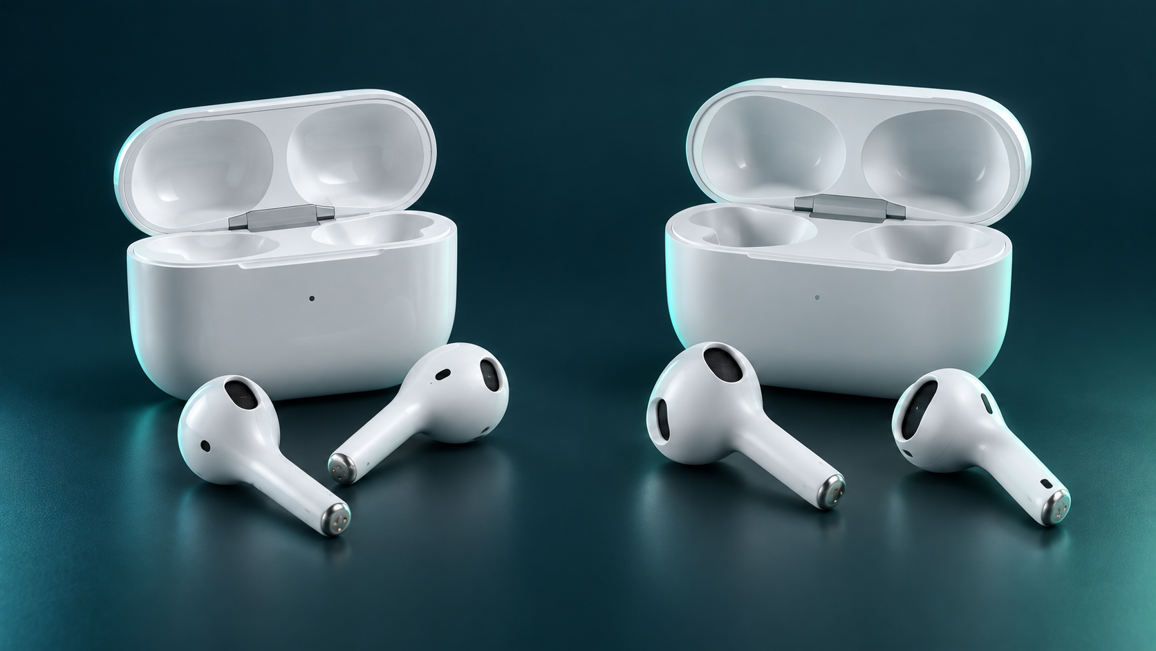 AI-generated 3D editorial illustration of AirPods 4 and AirPods 5 with open charging cases and earbuds