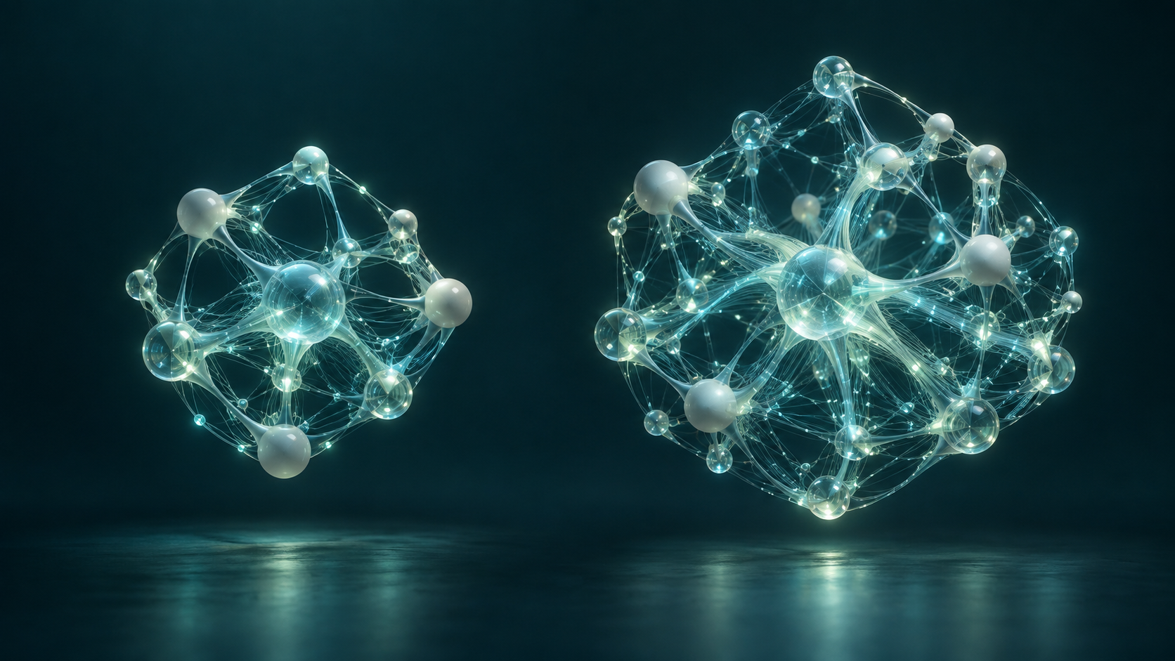 AI-generated 3D editorial illustration of GPT-5.6 Sol and GPT-6 Sol as abstract connected network forms