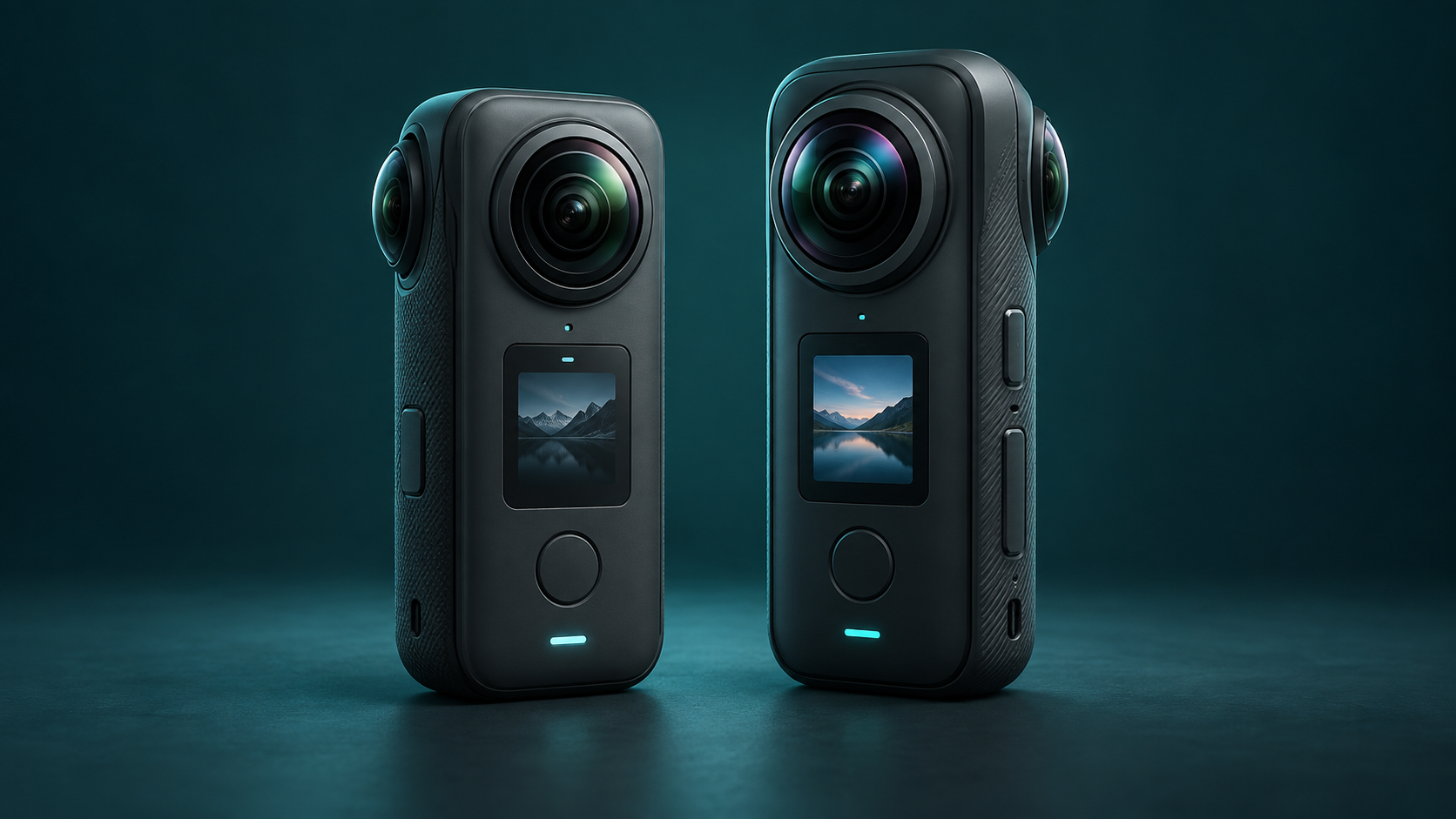 AI-generated 3D editorial illustration of Insta360 X5 and Insta360 X6 360 cameras with fisheye lenses