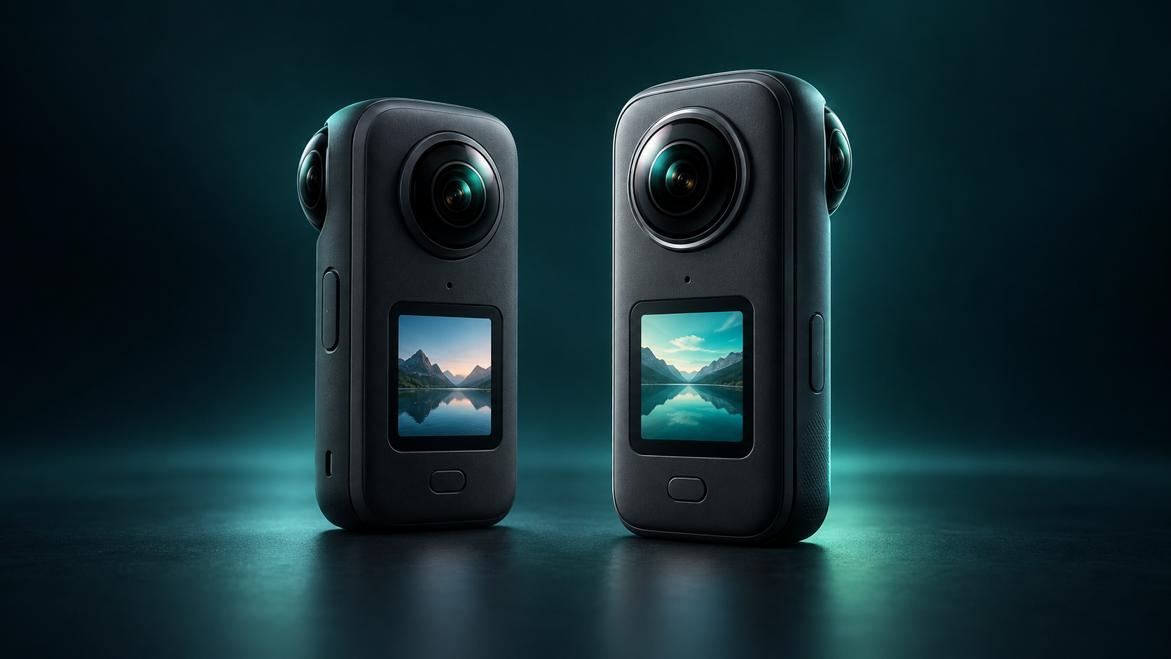 AI-generated 3D editorial illustration of Osmo 360 and Osmo 360 II compact 360 cameras
