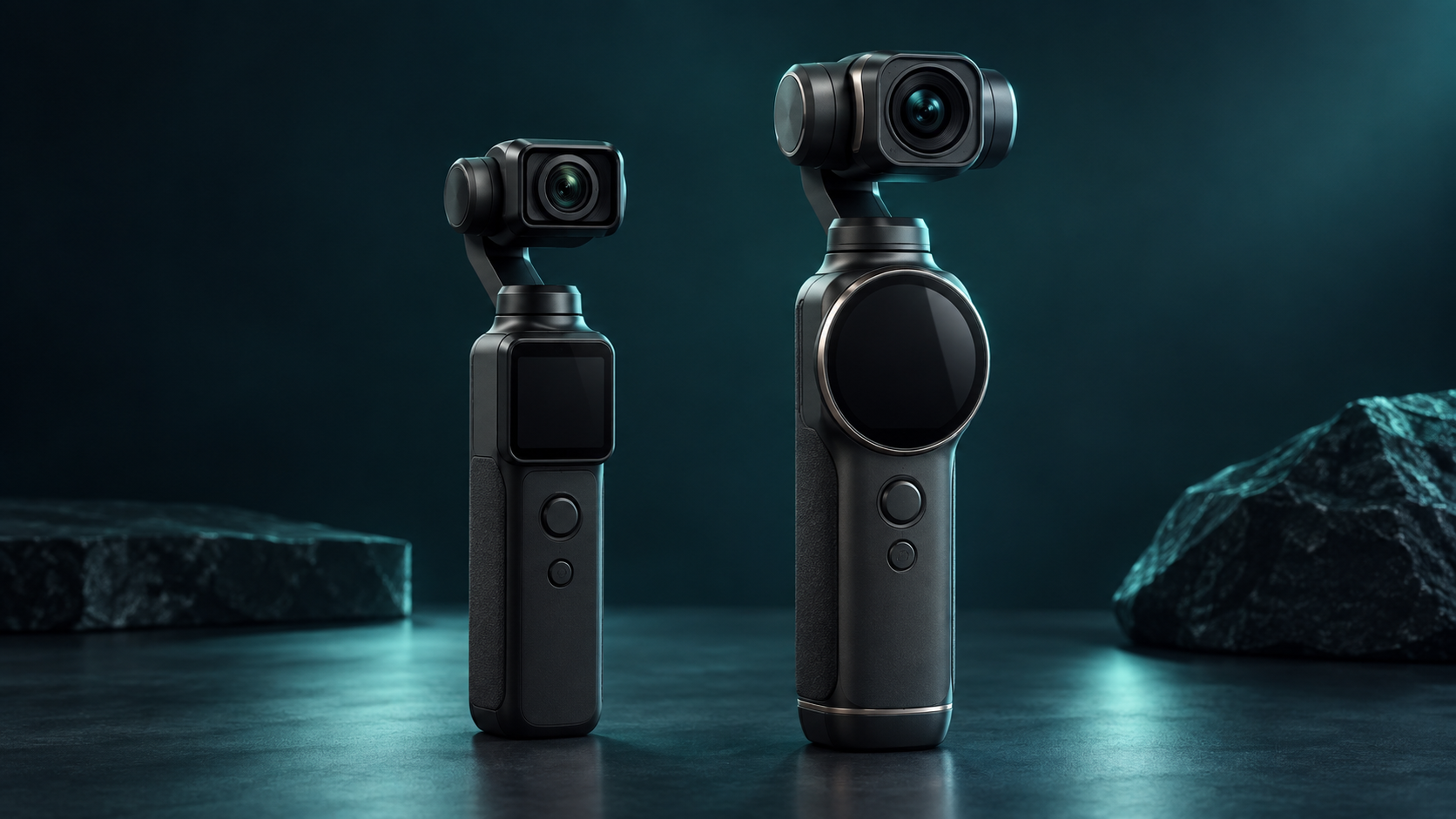 AI-generated 3D editorial illustration of DJI Pocket 2 and Osmo Pocket 3 handheld gimbal cameras